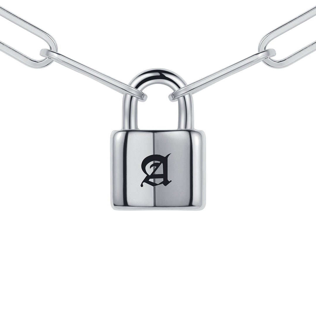A silver-colored lock with a black letter "A" on it, connected to two silver chains.