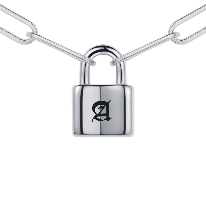 A silver-colored lock with a black letter "A" on it, connected to two silver chains.