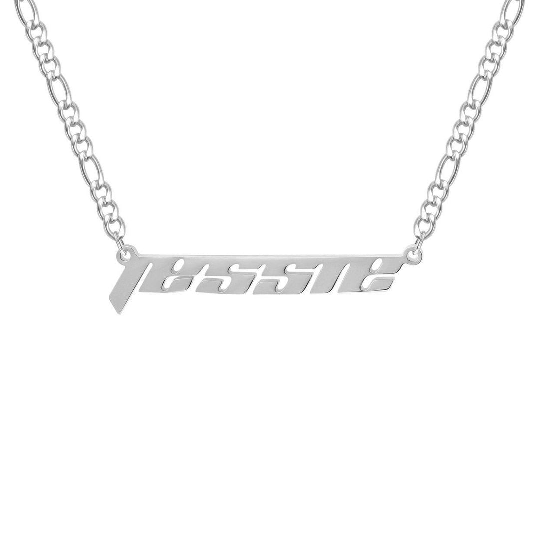 A necklace with a pendant that says "JESSIE" in a modern, cursive font.