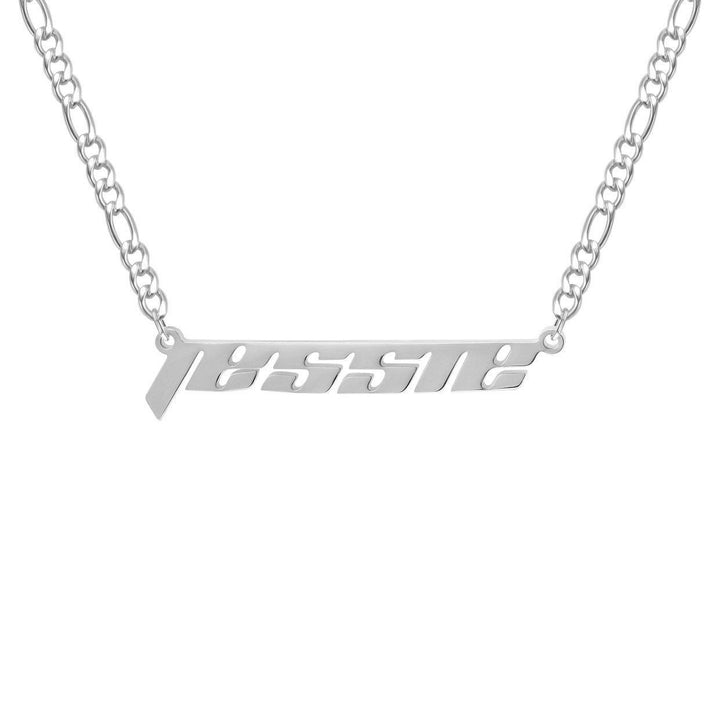 A necklace with a pendant that says "JESSIE" in a modern, cursive font.