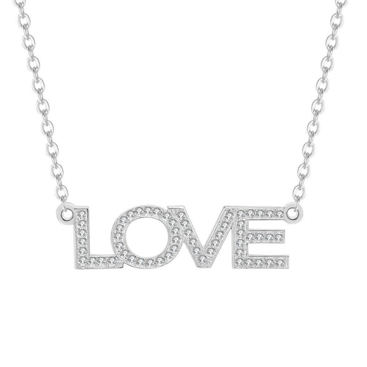 A necklace with the word "LOVE" spelled out in large letters, with small diamonds or crystals embedded in each letter.
