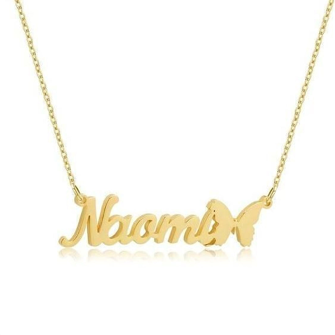A gold-colored necklace with the name "Noah" engraved on it, along with a butterfly design.