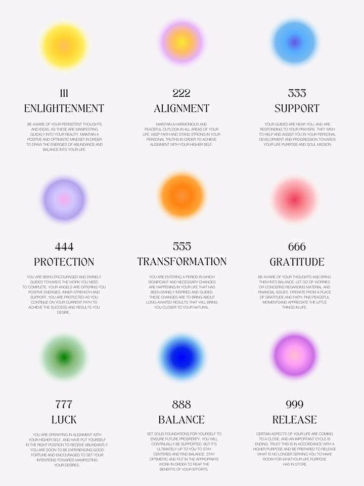 a grid of nine different colored circles, each representing a different spiritual or emotional concept. The circles are arranged in a 3x3 grid, and each one is labeled with a number and a word that describes the concept it represents. The numbers range from 444 to 999, and the words include &