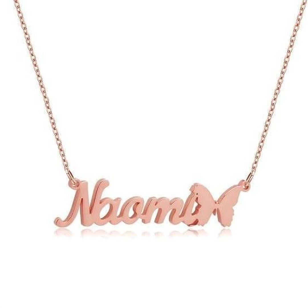 A necklace with the name "Noah" engraved on it, with a small butterfly charm attached to the end.