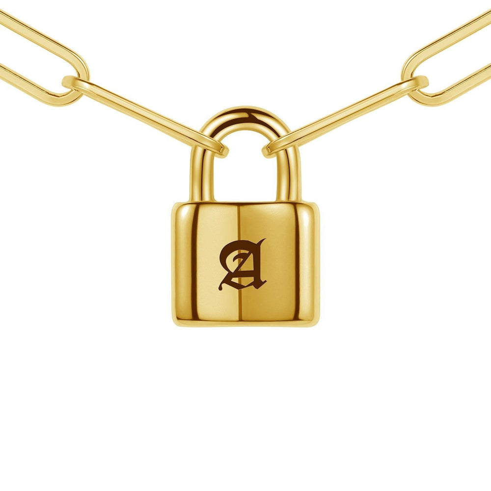 A golden padlock with the letter "A" on it, connected to two gold chains.