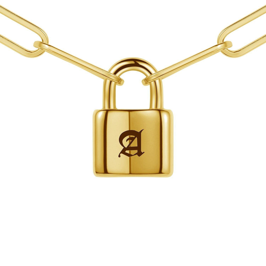 A golden padlock with the letter "A" on it, connected to two gold chains.