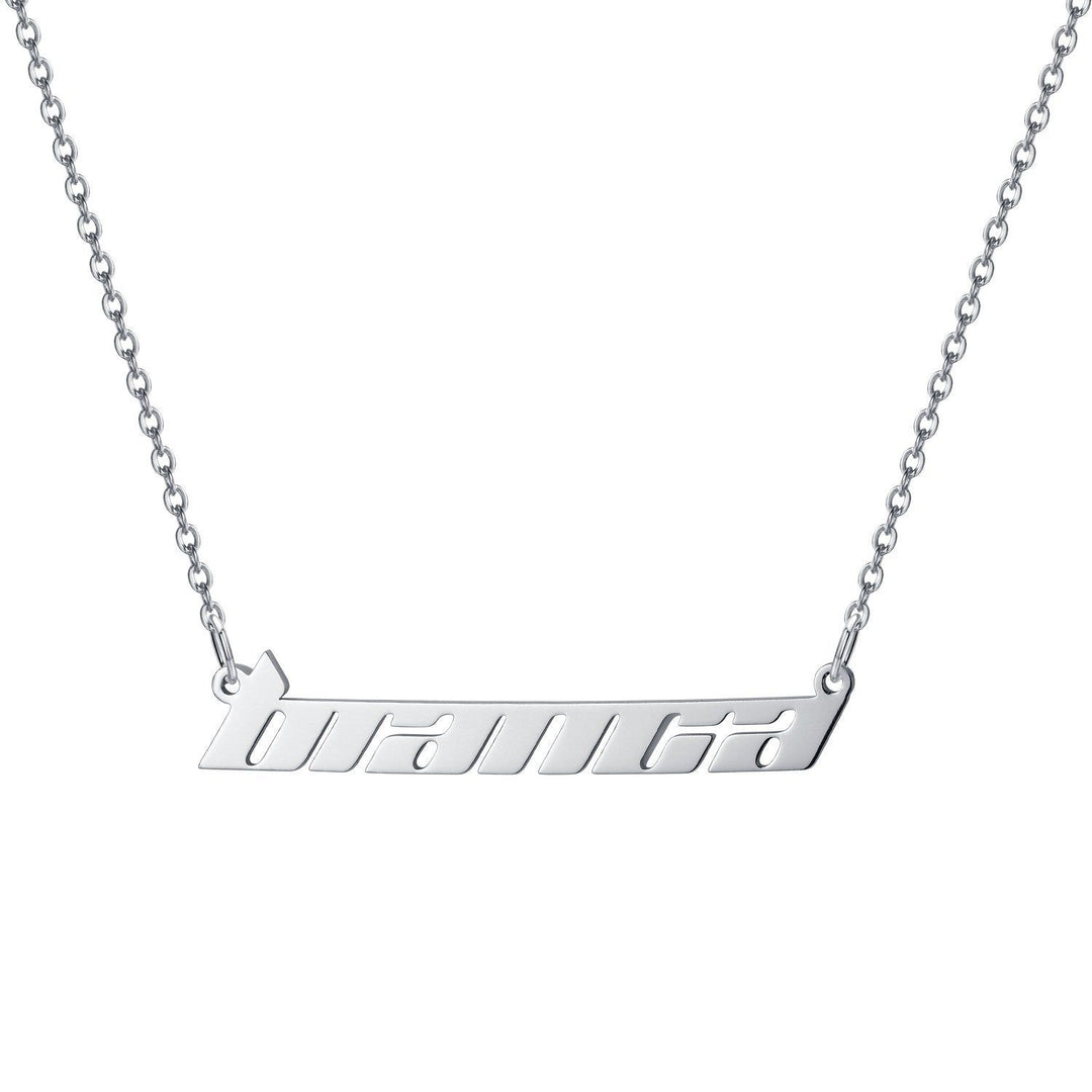 A silver necklace with a pendant that says "branca" in a modern, sans-serif font.