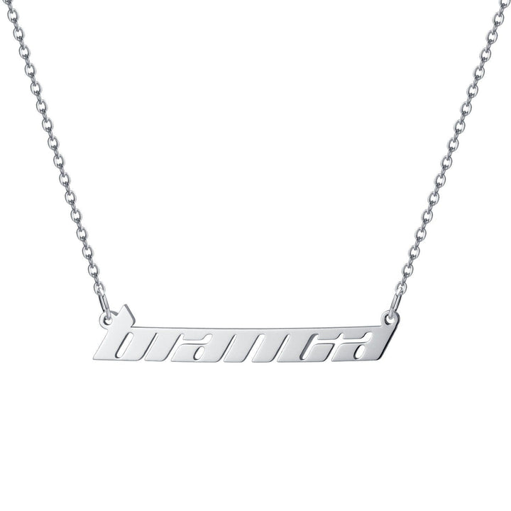 A silver necklace with a pendant that says "branca" in a modern, sans-serif font.
