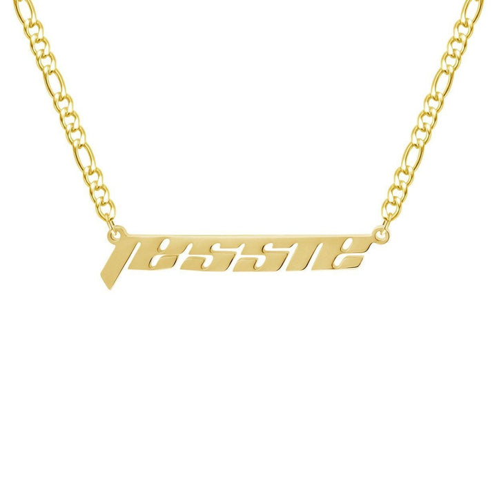 A gold necklace with a personalized nameplate.