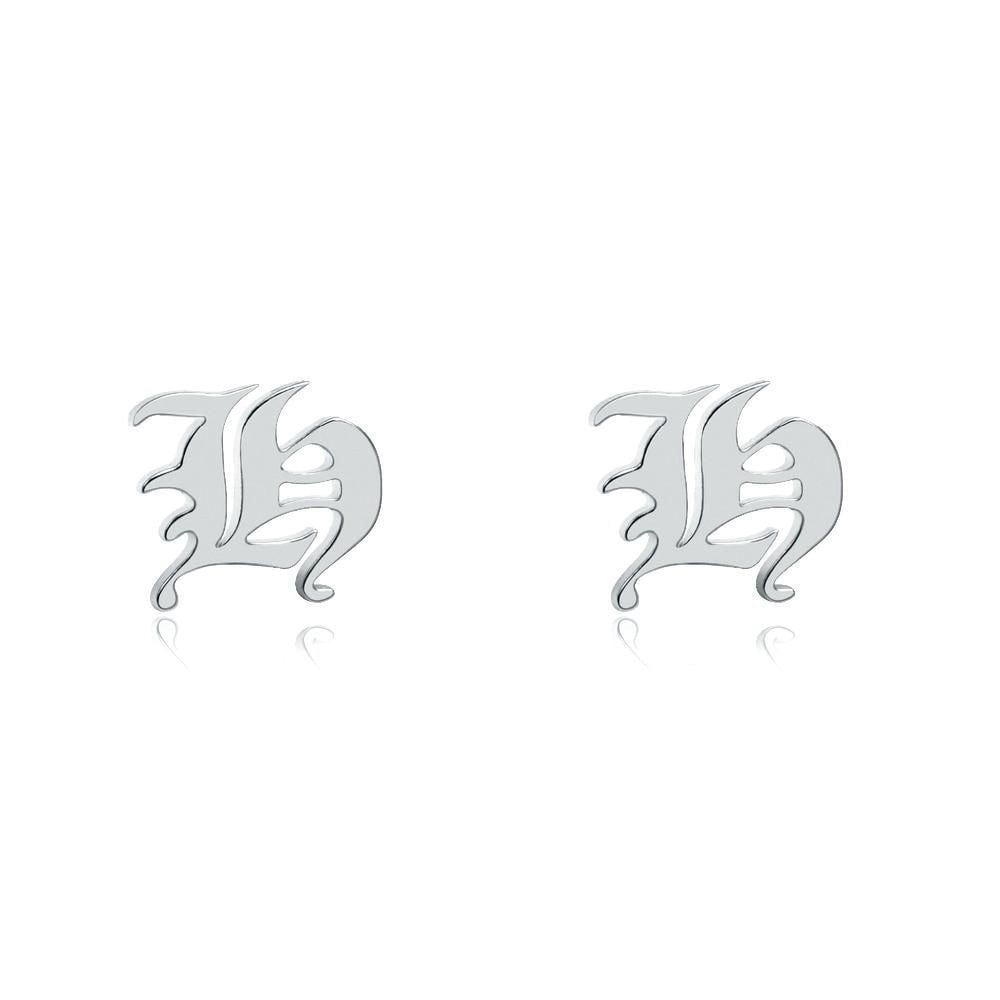 two silver earrings with the letter 'L' in an ornate, stylized font.